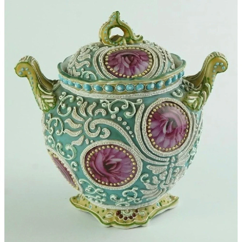 Antique Nippon Moriage Porcelain Lidded Jar and Bowl Set Pink Roses Teal 1890s